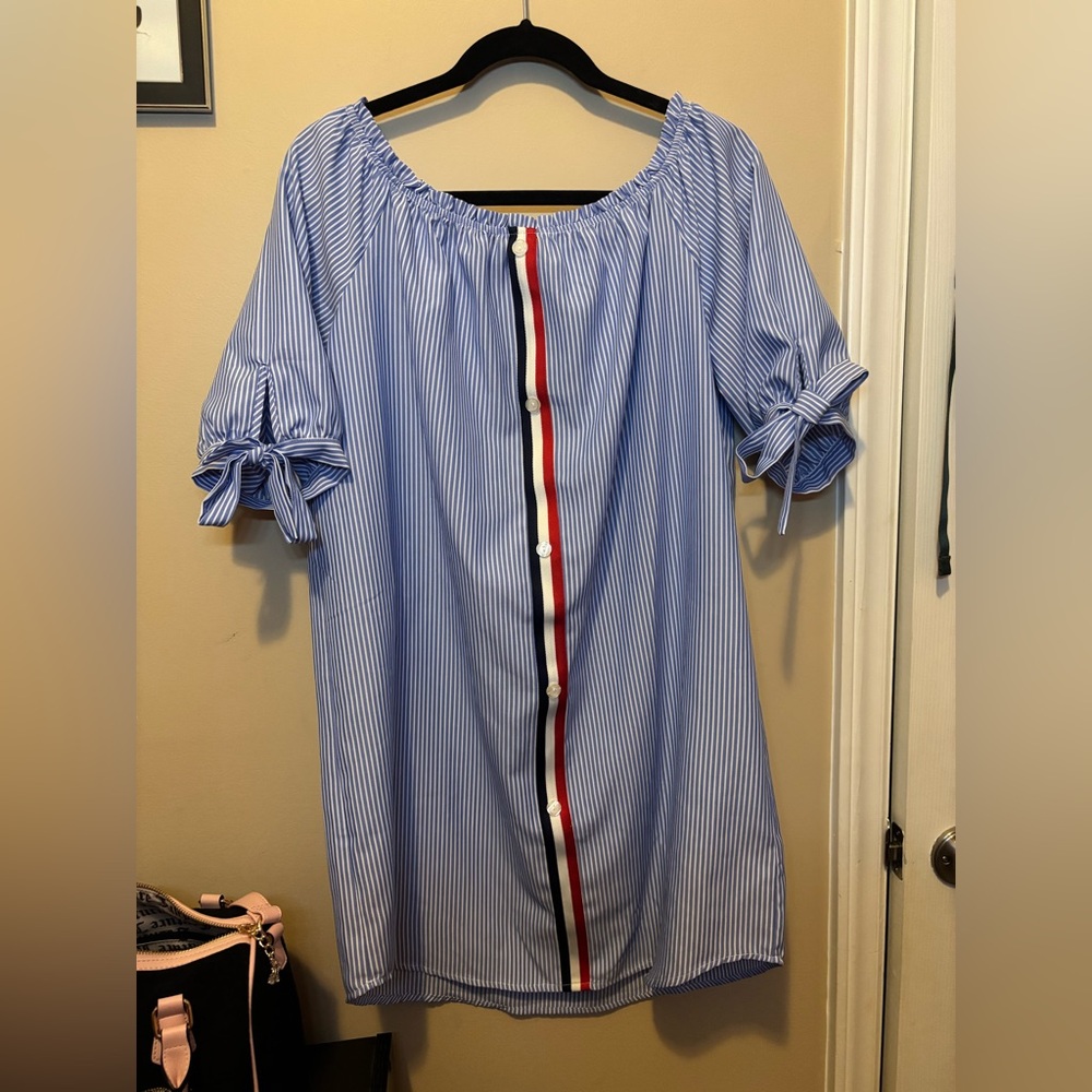 Love J Red, Blue and White Striped Dress with Ribbon Accents